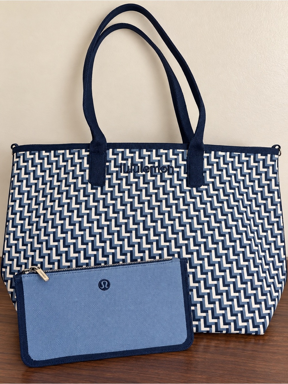 lululemon athletica Navy and White Patterned Tote with Light Blue Pouch